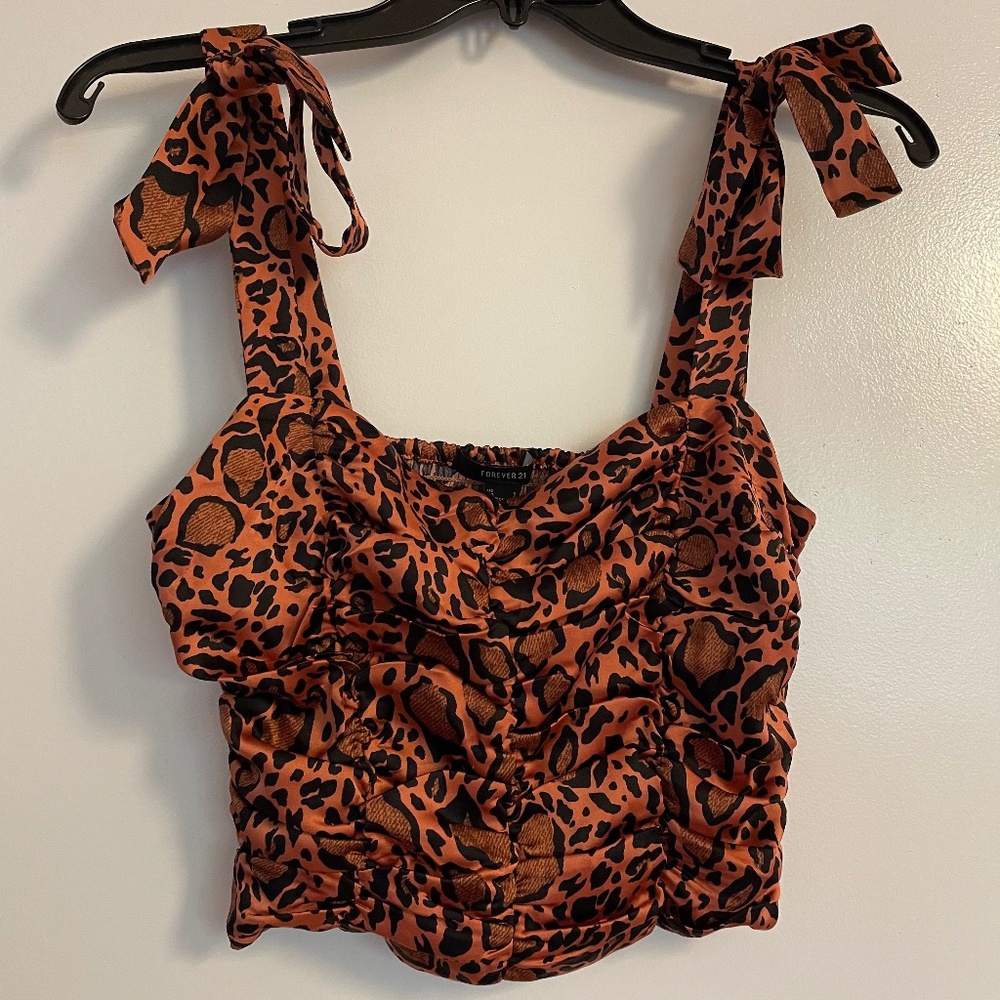 Satin cheetah print bow crop top